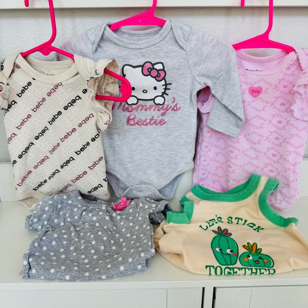 3-6 Months Bodysuits 5 Pieces- Bebe, Juicy Couture & Hello Kitty Like New